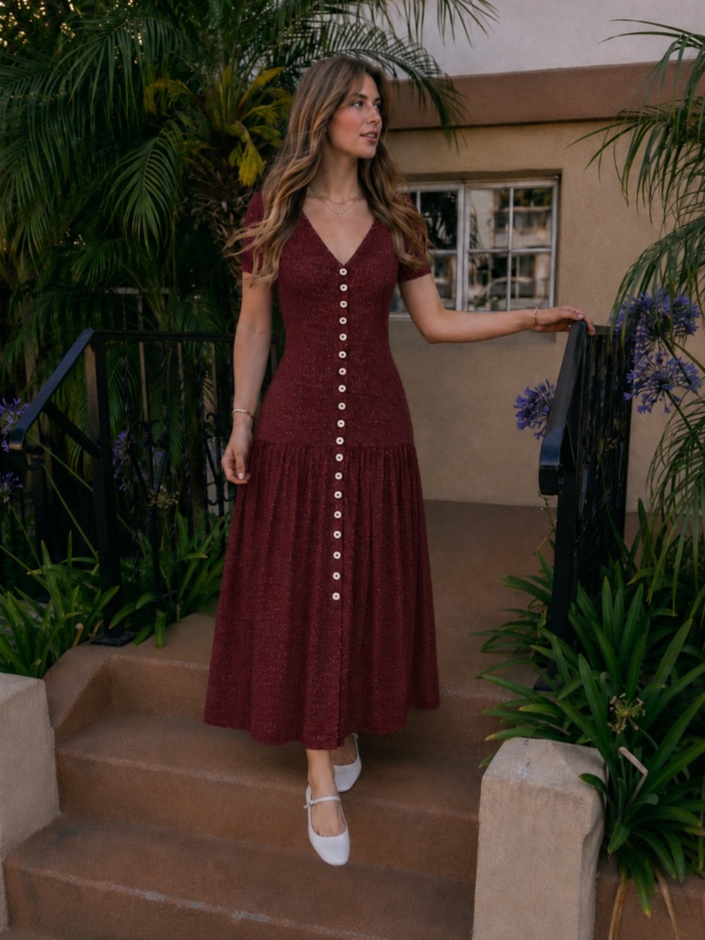 Vintage Button down red burgundy polka dot dress size 36